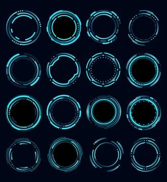 Set of hud round frames or borders, sci fi circular neon elements for digital ui 스톡 일러스트