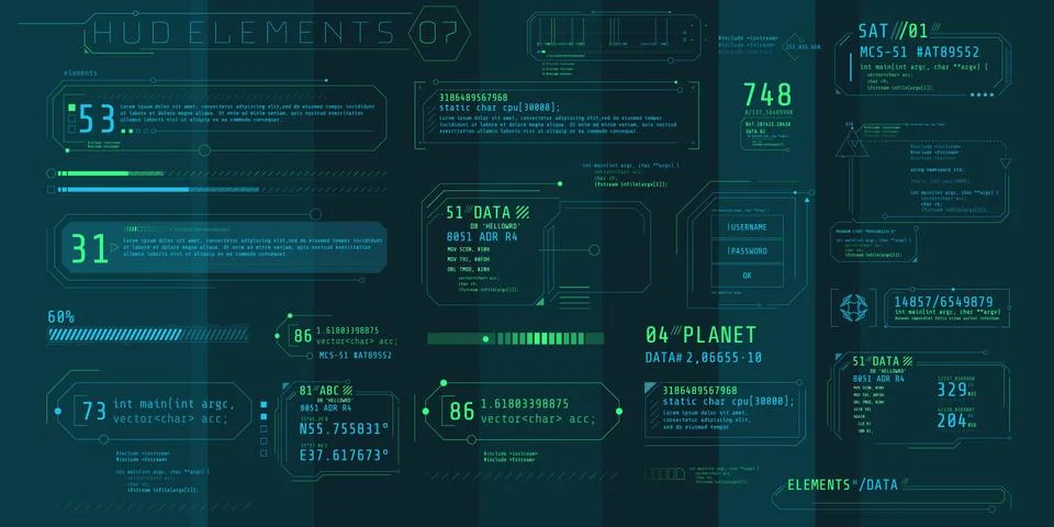 A set of HUD text elements for a futuristic interface. Illustrazione stock