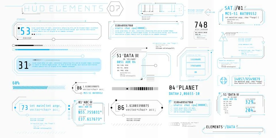 A set of HUD text elements for a futuristic interface. Illustrazione stock