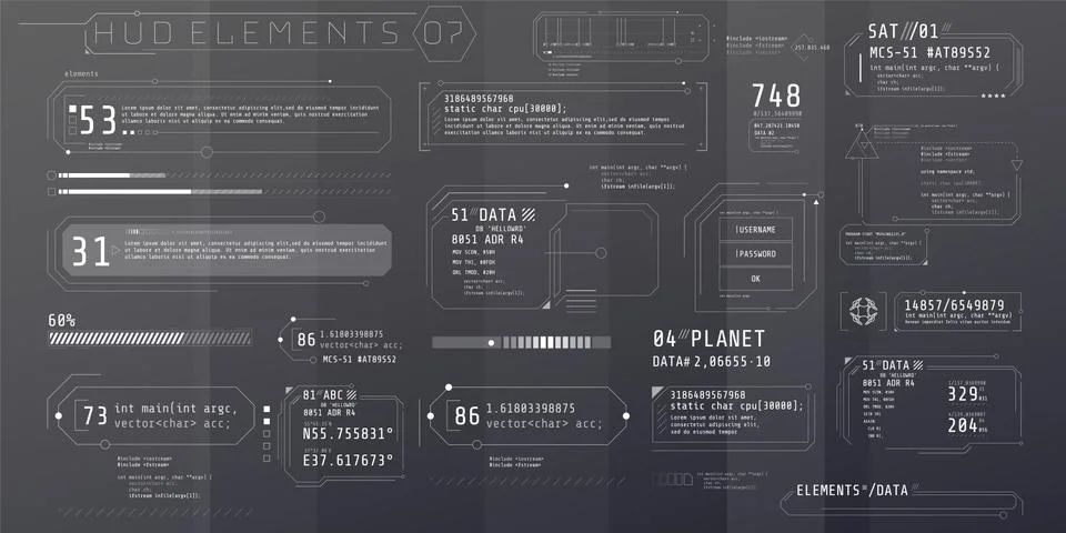 A set of HUD text elements for a futuristic interface. Stock Illustration