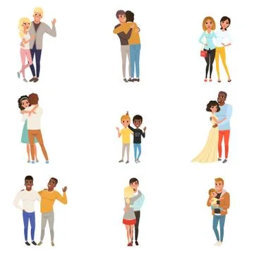 Set of hugging people in different poses. Sisters, brothers, couples in love Stock Illustration