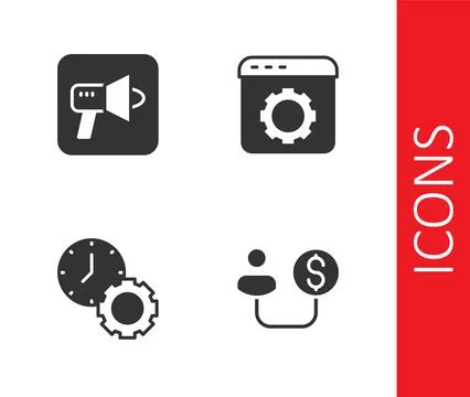 Set Human and money, Megaphone, Time management and Browser setting icon. Vec Stock Illustration