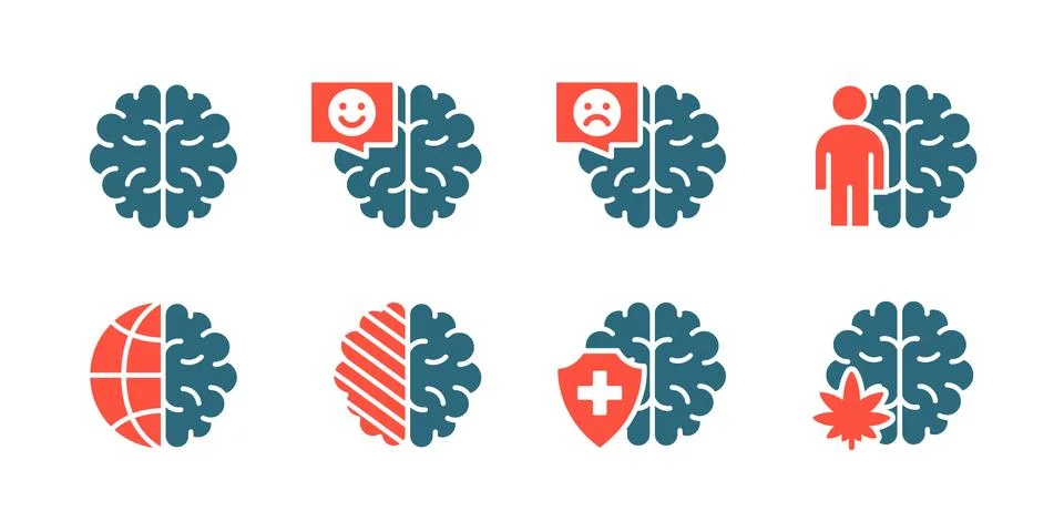 Set of human brain colored icon. Healthy internal organ, head organ illness Stock Illustration