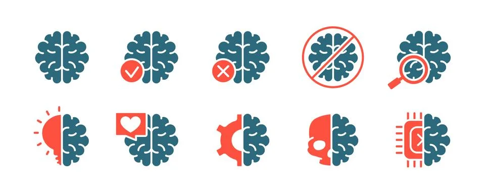Set of human brain colored icon. Head organ illness, rating, health control Stock Illustration