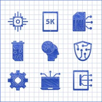 Set Human brain as digital circuit board, Laptop, Tablet, Cyber security Stock Illustration