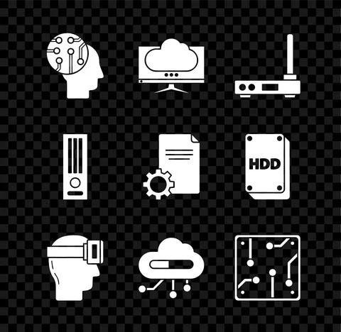 Set Human brain as digital circuit board, Computer monitor screen, Router and wi Stock Illustration