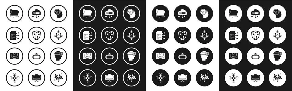 Set Human brain as digital circuit board, Cyber security, Sim card, Folder and Illustrazione stock