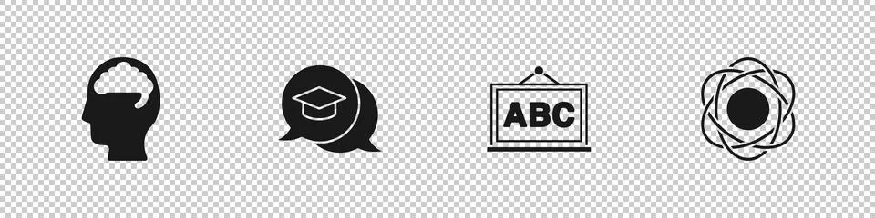 Set Human brain, Graduation cap speech bubble, Chalkboard and Atom icon. Vector Illustrazione stock