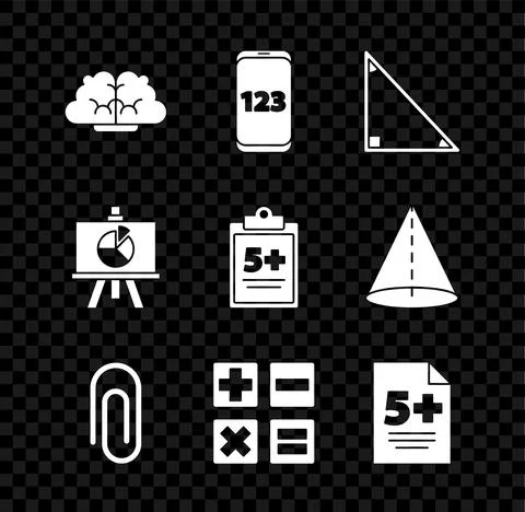 Set Human brain, Mobile calculator interface, Triangle math, Paper clip Illustrazione stock