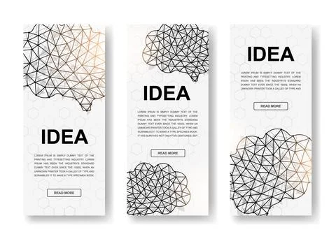 Set of human brain polygonal vertical banners. 3d mind low poly symbols with Stock Illustration