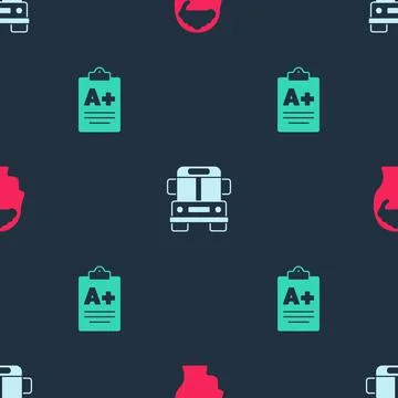 Set Human brain, School Bus and Exam sheet with A plus grade on seamless pattern Stock Illustration
