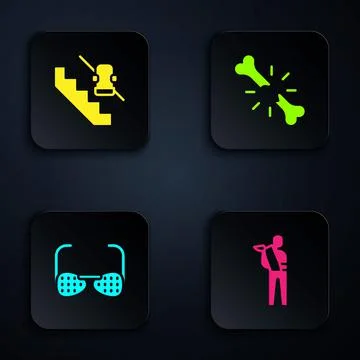 Set Human broken arm, Disabled elevator, Blind glasses and bone. Black square Illustrazione stock