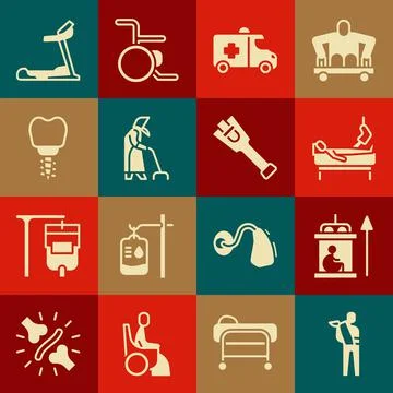 Set Human broken arm, Elevator for disabled, Patient with leg, Emergency car Stock Illustration