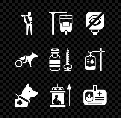 Set Human broken arm, IV bag, Blindness, Guide dog, Elevator for disabled Stock Illustration