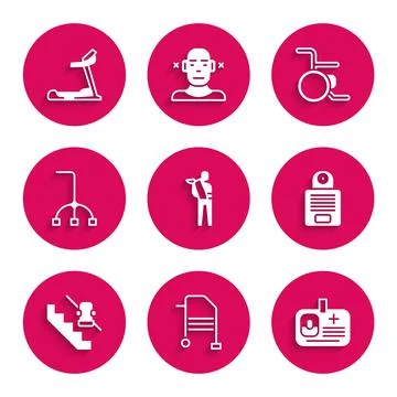Set Human broken arm, Walker, Identification badge, Intercom, Disabled elevator Ilustración de archivo