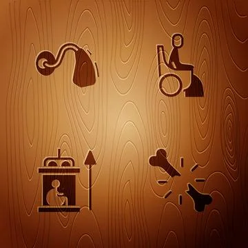 Set Human broken bone, Hearing aid, Elevator for disabled and Woman wheelchai Stock Illustration