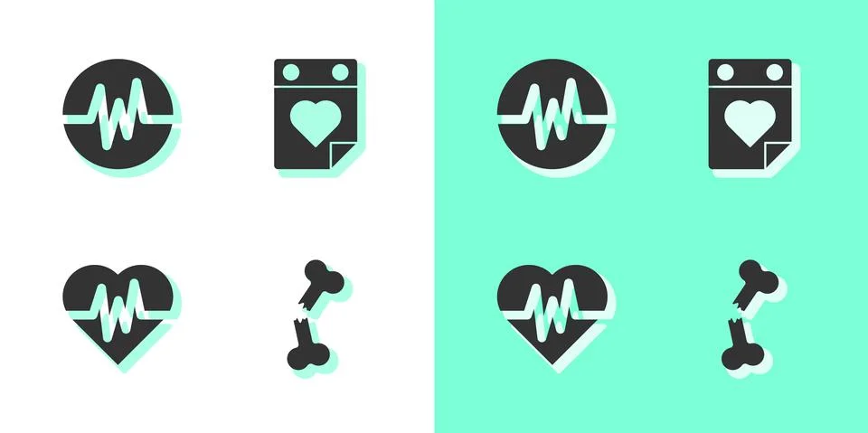 Set Human broken bone, Heart rate, and Doctor appointment icon. Vector Stock Illustration