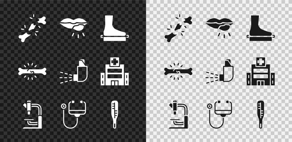 Set Human broken bone, Herpes lip, Flat foot, Microscope, Stethoscope, Medical 스톡 일러스트