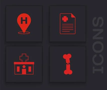 Set Human broken bone, Location hospital, Patient record and Hospital build.. Stock Illustration