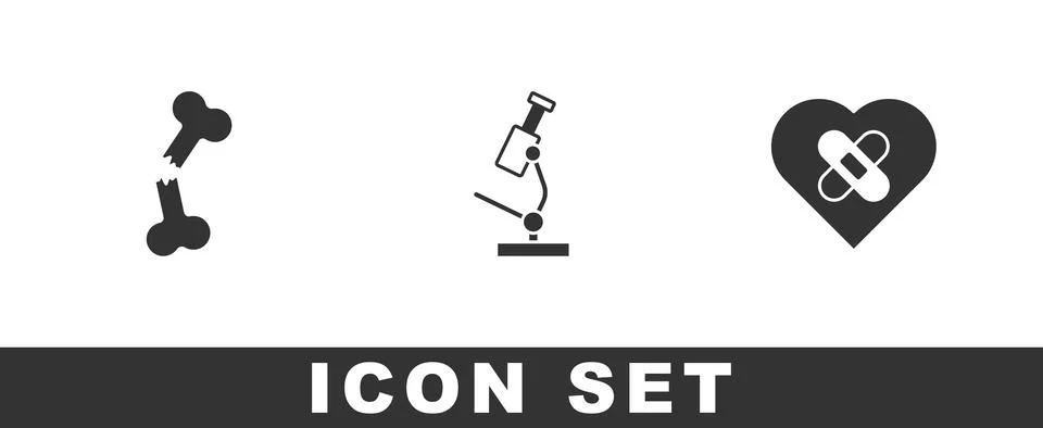 Set Human broken bone, Microscope and Healed heart icon. Vector Illustrazione stock