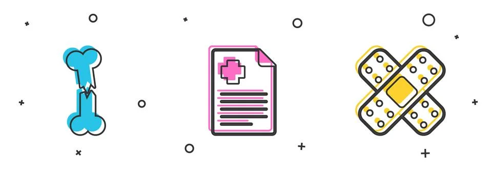 Set Human broken bone, Patient record and Crossed bandage plaster icon. Vector Stock Illustration