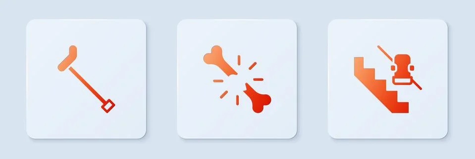 Set Human broken bone, Walking stick cane and Disabled elevator. White square Illustration