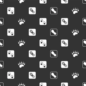 Set Human footprints shoes, Bear paw, Paw and  on seamless pattern. Vector Stock Illustration