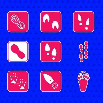 Set Human footprints shoes, Bear paw, Fox,  and  icon. Vector Illustrazione stock