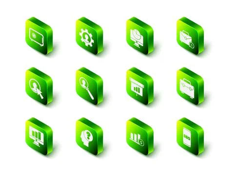 Set Human with gear inside, Computer monitor graph chart, Briefcase and money Illustrazione stock