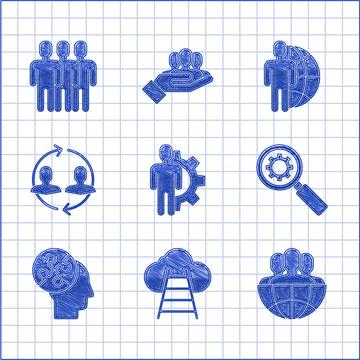 Set Human with gear inside, Ladder leading to cloud, Globe and people Illustrazione stock