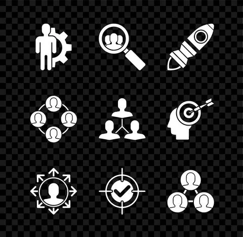 Set Human with gear inside, Magnifying glass for search people, Rocket ship fire イラスト素材