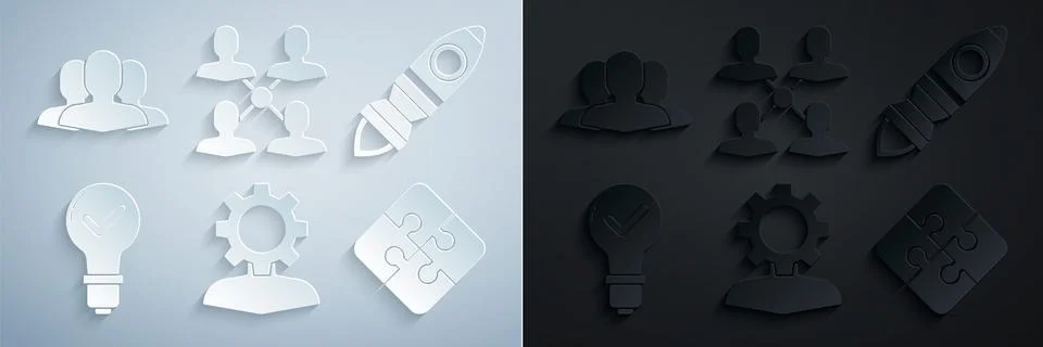 Set Human with gear inside, Rocket ship fire, Light bulb and check mark, Piece Stock Illustration