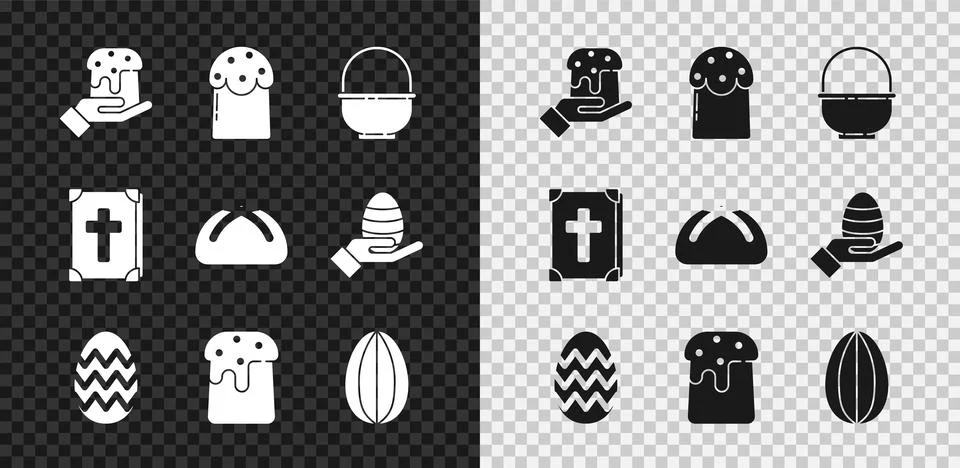 Set Human hand and easter cake, Easter, Basket, egg, Holy bible book and icon Stock Illustration