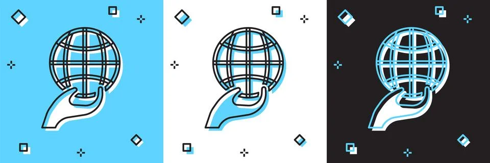 Set Human hand holding Earth globe icon isolated on blue and white, black b.. Stock Illustration