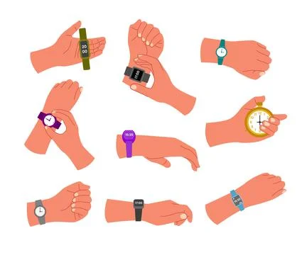 Set of human hand wearing Smart watch on the hand, device to track user act.. Stock Illustration