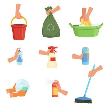 Set of human hands and cleaning supplies. Bucket, garbage bag, sponge for Stock Illustration