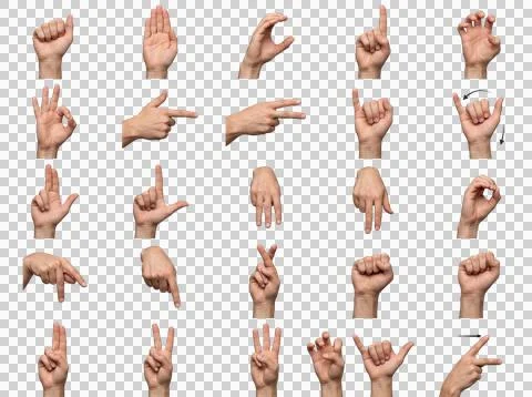 Set of human hands demonstrating various american sign language. Stock Photos