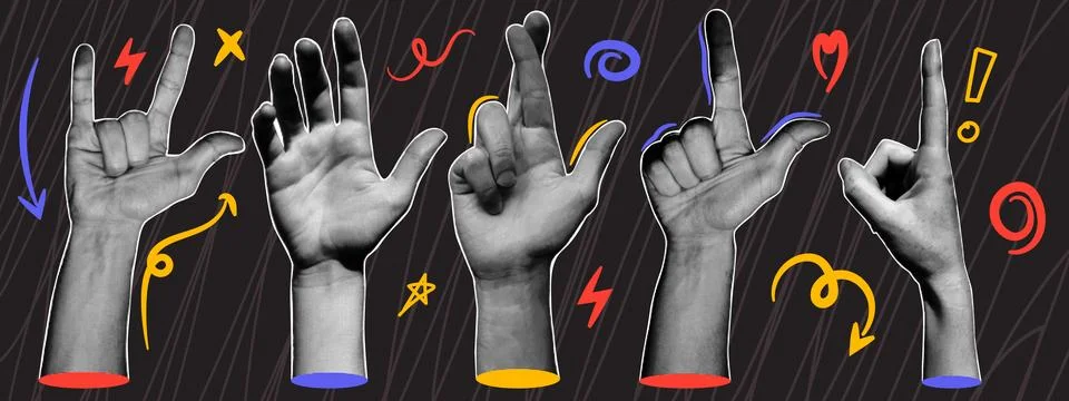 Set of human hands with doodle elements. Gesture signs. Vintage halftone ef.. Stock Illustration