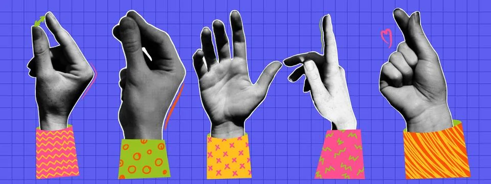 Set of human hands with doodle elements. Gesture signs. Vintage halftone ef.. Stock Illustration