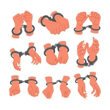 Set of Human hands in handcuffs collection, hand restraints for criminals, .. Stock Illustration