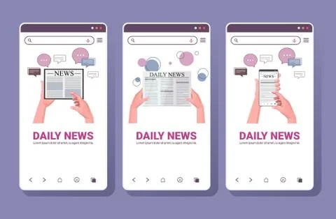 Set human hands using digital gadgets reading daily news online newspaper press Stock Illustration