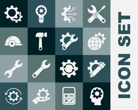 Set Human head with gear inside, Pencil and, Globe of the Earth, Algorithm Stock Illustration