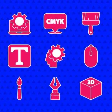 Set Human head with gear inside, Fountain pen nib, Isometric cube, Computer Stock Illustration