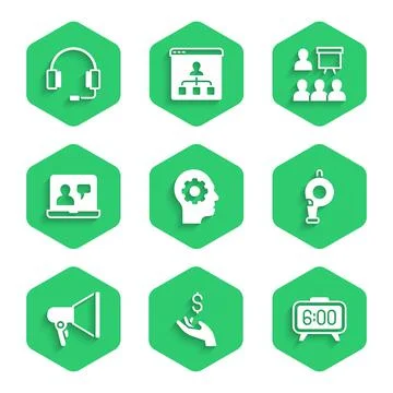 Set Human head with gear inside, Hand holding coin money, Digital alarm clock Ilustración de archivo