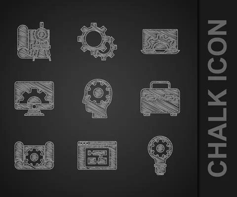 Set Human head with gear inside, House plan, Light bulb and, Toolbox, Graphing Stock Illustration