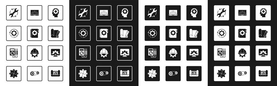 Set Human head with gear inside, User manual, Gear and arrows as workflow Stock Illustration