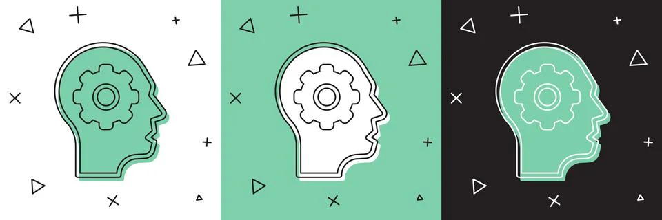 Set Human head with gear inside icon isolated on white and green, black Stock Illustration