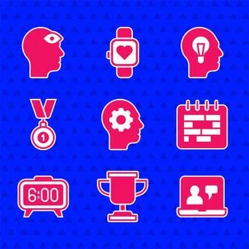 Set Human head with gear inside, Award cup, Online education, Calendar, Digital Stock Illustration