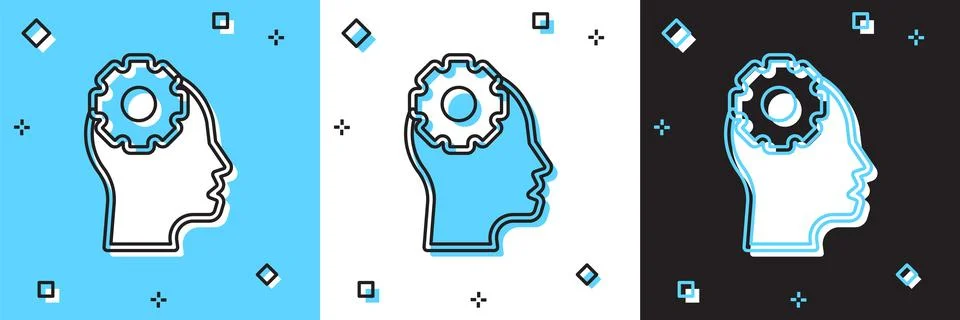 Set Human head with gear inside icon isolated on blue and white, black 스톡 일러스트