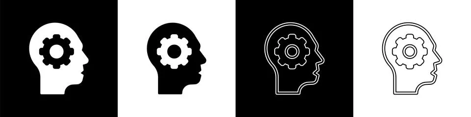 Set Human head with gear inside icon isolated on black and white background.  스톡 일러스트